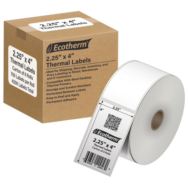 Ecotherm ملصقات حرارية مقاس 2.25 بوصة × 4 بوصة | 6 رول | 4200 ملصق | تناسب طابعات Zebra وMunbyn وRolo وGodex وArkscan وiDPRT وOffnova والمزيد | ملصقات لاصقة بيضاء فارغة من إيكوثيرم - Image 1
